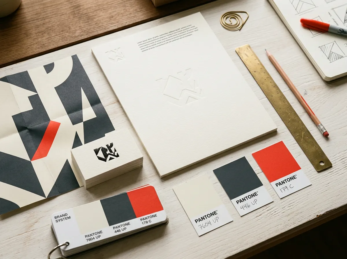 A brand identity system laid out on a desk: letterhead, business cards, colour swatches and a folded geometric poster